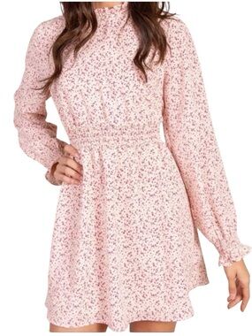 SENLIS Julie Smocked Long Sleeve Mini Dress Pink Country Floral size medium